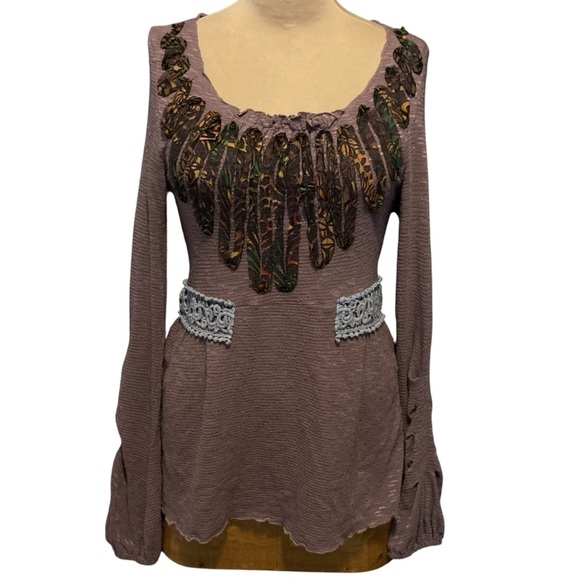 ZBA Tops - Cotton Blend Knit Purple Tunic Top w/Long Bell Sleeves Embellished with Lace